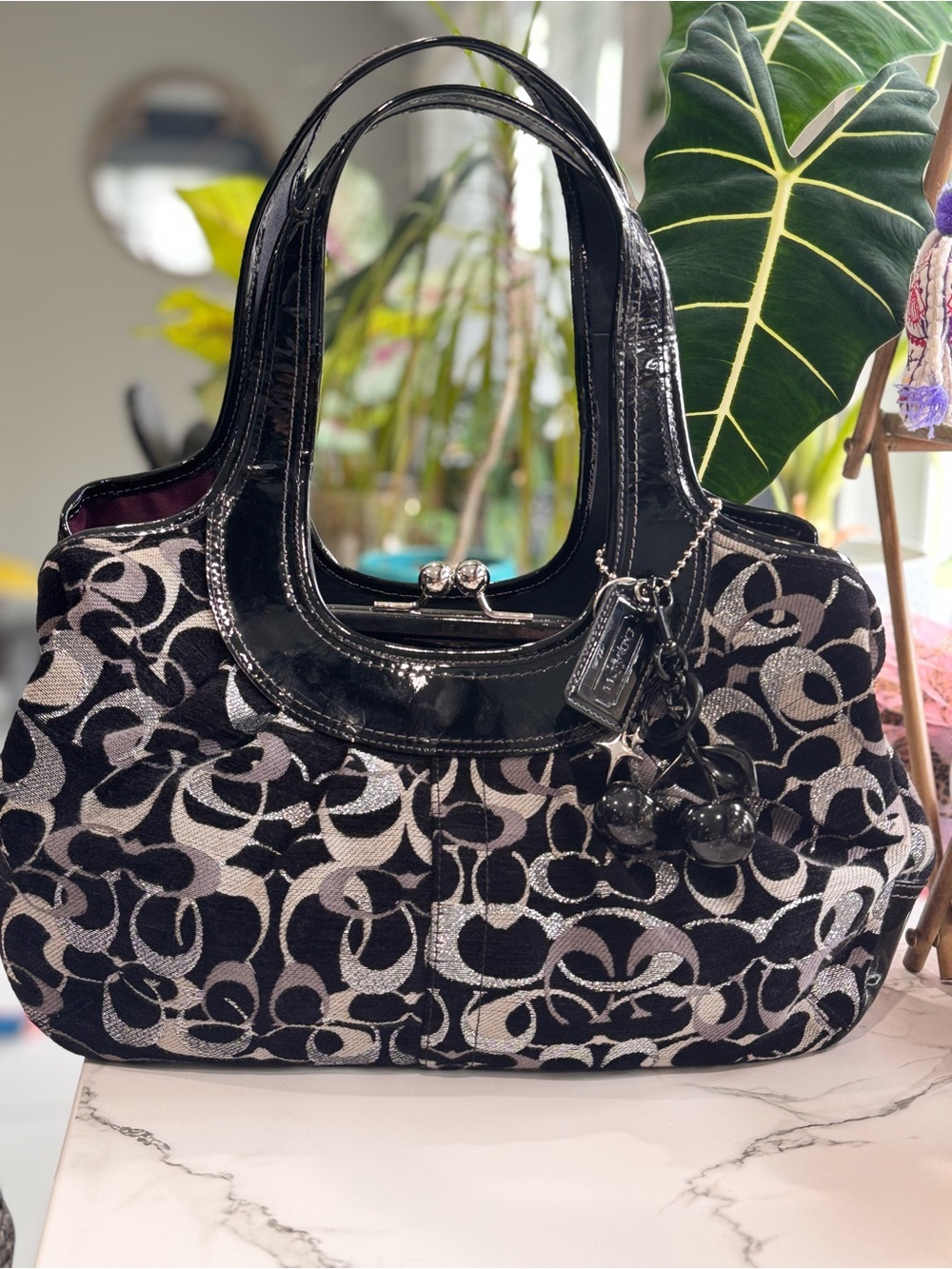 Coach Black Lurex Kisslock RARE 🖤 Chenille Ergo Bag with Patent Trim #F14177